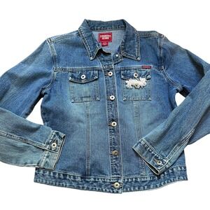 Guess Jeans medium wash beaded mermaid‎ embellished beaded jean jacket SIZE XL